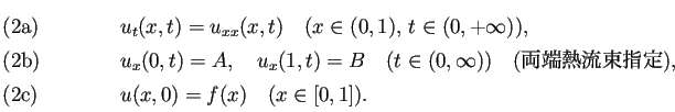 \begin{subequations}\begin{align}&u_t(x,t)=u_{xx}(x,t)\quad\text{($x\in (0,1)$, ...
...定)}, &u(x,0)=f(x) \quad\text{($x\in[0,1]$)}. \end{align}\end{subequations}