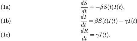 \begin{subequations}% 2021-02-23 00:27の式群
\begin{align}&\frac{\D S}{\D t}=...
...)I(t)-\gamma I(t) &\frac{\D R}{\D t}=\gamma I(t).\end{align}\end{subequations}