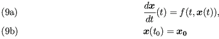 \begin{subequations}% 2021-02-30 15:35の式群
\begin{align}&\frac{\D\bm{x}}{\D t}(t)=f(t,\bm{x}(t)), &\bm{x}(t_0)=\bm{x_0} \end{align}\end{subequations}