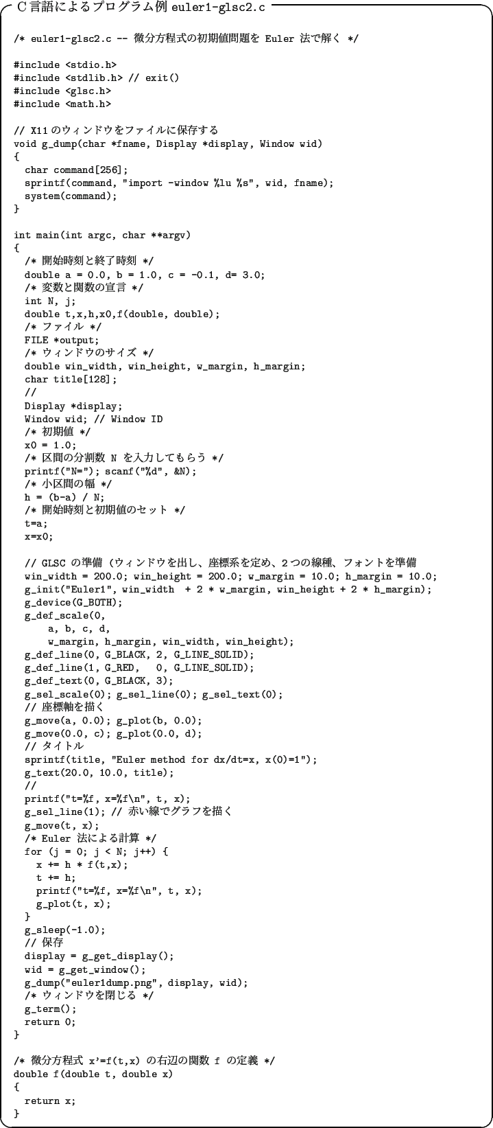 \begin{breakitembox}[l]{C言語によるプログラム例 \texttt{euler1-glsc2.c}}
{\footnotesize
\verbatimfile{ode_for_ms/euler1-glsc2.c}
}
\end{breakitembox}