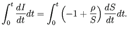 $\displaystyle \int_0^t \frac{\D I}{\D t}\D t
=\int_0^t \left(-1+\frac{\rho}{S}\right)\frac{\D S}{\D t}\D t.
$