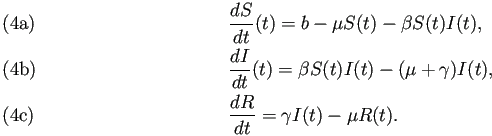 \begin{subequations}% 2021-02-29 21:35の式群
\begin{align}&\frac{\D S}{\D t}(...
...)I(t),  &\frac{\D R}{\D t}=\gamma I(t)-\mu R(t). \end{align}\end{subequations}
