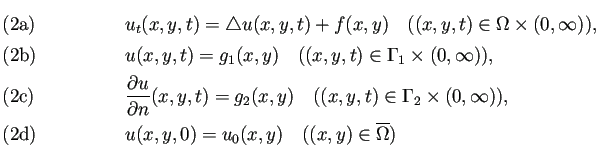 \begin{subequations}%02:35の式群
\begin{align}&u_t(x,y,t)=\Laplacian u(x,y,t)...
...=u_0(x,y)\quad\text{($(x,y)\in\overline{\Omega}$)} \end{align}\end{subequations}