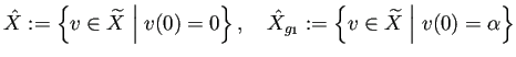 $\displaystyle \hat X:=\left\{v\in \widetilde X\relmiddle\vert v(0)=0\right\}, \quad
\hat X_{g_1}:=\left\{v\in \widetilde X\relmiddle\vert v(0)=\alpha\right\}
$