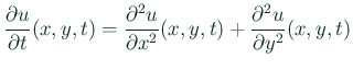 $\displaystyle \frac{\rd u}{\rd t}(x,y,t) =\frac{\rd^2 u}{\rd x^2}(x,y,t)+\frac{\rd^2 u}{\rd y^2}(x,y,t)$
