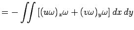 $\displaystyle =-\dint\left[(u\omega)_x\omega+(v\omega)_y\omega\right]\DxDy$