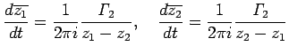 $\displaystyle \frac{\D\overline{z_1}}{\D t}=\frac{1}{2\pi i}\frac{\mathit{\Gamm...
...frac{\D\overline{z_2}}{\D t}=\frac{1}{2\pi i}\frac{\mathit{\Gamma}_2}{z_2-z_1}
$