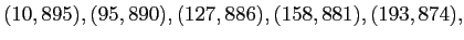 $\displaystyle (10,895),(95,890),(127,886),(158,881),(193,874),$