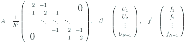 $\displaystyle A=
\frac{1}{h^2}
\left(
\begin{array}{rrrrr}
2 & -1 & & &\big...
...\left(
\begin{array}{c}
f_1  f_2  \vdots  f_{N-1}
\end{array} \right)
$