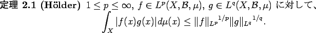 \begin{jtheorem}[H\uml older]\upshape
$1\le p\le \infty$, $f\in L^p(X,{\cal B},...
...f\Vert _{L^p}}^{1/p}{\Vert g\Vert _{L^q}}^{1/q}.
\end{displaymath}\end{jtheorem}