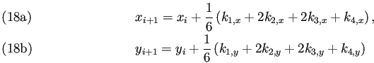\begin{subequations}\begin{align}&x_{i+1}=x_i+\frac{1}{6} \left( k_{1,x}+2k_{2,x...
...} \left( k_{1,y}+2k_{2,y}+2k_{3,y}+k_{4,y} \right) \end{align}\end{subequations}