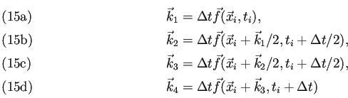 \begin{subequations}\begin{align}&\vec{k}_1=\Delta t\vec{f}(\vec{x}_i,t_i), &\...
...4=\Delta t\vec{f}(\vec{x}_i+\vec{k}_3,t_i+\Delta t)\end{align}\end{subequations}