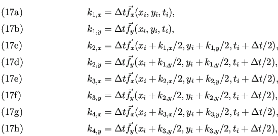 \begin{subequations}\begin{align}&k_{1,x}=\Delta t\vec{f}_{x}(x_i,y_i,t_i), &k...
...}_{y}(x_i+k_{3,y}/2,y_i+k_{3,y}/2,t_i+\Delta t/2), \end{align}\end{subequations}