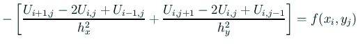 $\displaystyle -\left[
\frac{U_{i+1,j}-2U_{i,j}+U_{i-1,j}}{h_x^2}
+\frac{U_{i,j+1}-2U_{i,j}+U_{i,j-1}}{h_y^2}
\right]
=f(x_i,y_j)
$