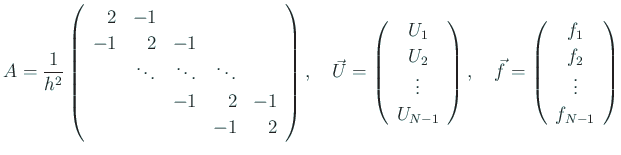 $\displaystyle A=
\frac{1}{h^2}
\left(
\begin{array}{rrrrr}
2 & -1 & & \\
...
...\left(
\begin{array}{c}
f_1  f_2  \vdots  f_{N-1}
\end{array} \right)
$