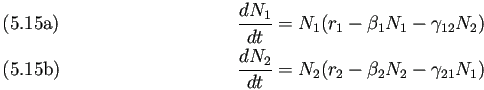 \begin{subequations}% 2024-01-16 13:17の式群
\begin{align}\frac{\D N_1}{\D t}...
...{\D N_2}{\D t}=N_2(r_2-\beta_2 N_2-\gamma_{21}N_1) \end{align}\end{subequations}