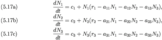 \begin{subequations}% 2024-01-16 18:40の式群
\begin{align}&\frac{\D N_1}{\D t...
...}{\D t}=c_3+N_3(r_3-a_{31}N_1-a_{32}N_2-a_{33}N_3) \end{align}\end{subequations}