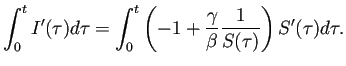 $\displaystyle \int_0^t I'(\tau)\D\tau
=\int_0^t\left(-1+\frac{\gamma}{\beta}\frac{1}{S(\tau)}\right) S'(\tau)\D\tau.
$