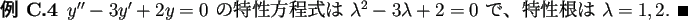 \begin{jexample}
$y''-3 y'+2 y=0$\ の特性方程式は $\lambda^2-3\lambda+2=0$\ で、
特性根は $\lambda=1,2$. \qed
\end{jexample}