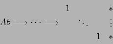 \begin{displaymath}
A b \longto \cdots \longto
\begin{array}{cccc}
1 & & & \ast \\
& \ddots & & \vdots \\
& & 1 & \ast
\end{array}\end{displaymath}