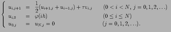 $\displaystyle \left\{\begin{array}{lll}
u_{i,j+1}&=&\dsp\frac{1}{2}(u_{i+1,j}+u...
...}&=&u_{N,j}=0\qquad\qquad\qquad\qquad\ \ (j=0,1,2,\ldots).
\end{array}\right .
$