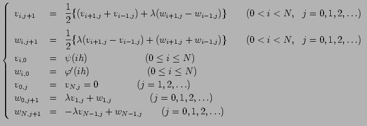 $\displaystyle \left\{\begin{array}{lll}
v_{i,j+1}&=&\dsp\frac{1}{2}
\{(v_{i+1,j...
...1}&=&-\lambda v_{N-1,j}+w_{N-1,j}\qquad(j=0,1,2,\ldots)\\
\end{array}\right .
$