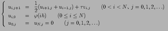 $\displaystyle \left\{\begin{array}{lll}
u_{i,j+1}&=&\dsp\frac{1}{2}(u_{i+1,j}+u...
...d(0\le i\le N)\\
u_{0,j}&=&u_{N,j}=0\qquad(j=0,1,2,\ldots)
\end{array}\right.
$