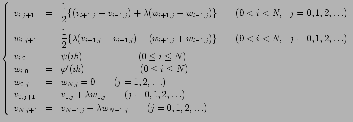 $\displaystyle \left\{\begin{array}{lll}
v_{i,j+1}&=&\dsp\frac{1}{2}
\{(v_{i+1,j...
...j+1}&=&v_{N-1,j}-\lambda w_{N-1,j}\qquad(j=0,1,2,\ldots)\\
\end{array}\right.
$