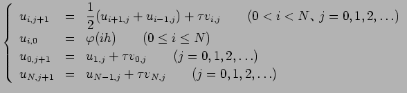$\displaystyle \left\{\begin{array}{lll}
u_{i,j+1}&=&\dsp\frac{1}{2}(u_{i+1,j}+u...
...
u_{N,j+1}&=&u_{N-1,j}+\tau v_{N,j}\qquad (j=0,1,2,\ldots)
\end{array}\right.
$