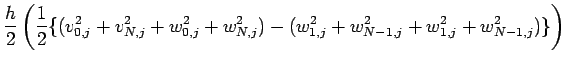 $\displaystyle \frac{h}{2}\left( \frac{1}{2}\{ (v_{0,j}^2+v_{N,j}^2+w_{0,j}^2+w_{N,j}^2)
-(w_{1,j}^2+w_{N-1,j}^2+w_{1,j}^2+w_{N-1,j}^2)\} \right)$