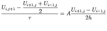 $\displaystyle \frac{U_{i,j+1}-\Dfrac{U_{i+1,j}+U_{i-1,j}}{2}}{\tau}
= A\frac{U_{i+1,j}-U_{i-1,j}}{2h}
$