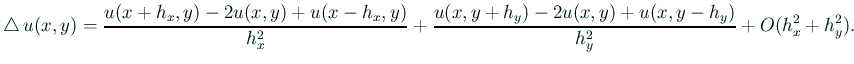$\displaystyle \Laplacian u(x,y)
=\frac{u(x+h_x,y)-2u(x,y)+u(x-h_x,y)}{h_x^2}
+\frac{u(x,y+h_y)-2u(x,y)+u(x,y-h_y)}{h_y^2}
+O(h_x^2+h_y^2).
$