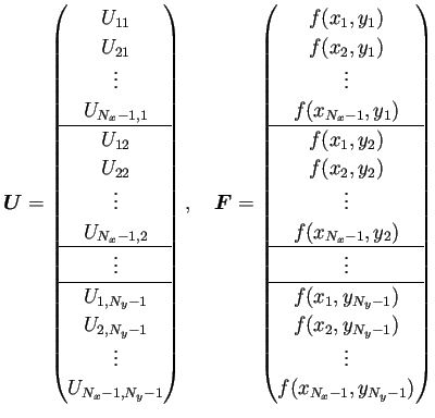 $\displaystyle \bm{U}
=\begin{pmatrix}
U_{11} \\
U_{21} \\
\vdots \\
U_{...
... \\
f(x_{2},y_{N_y-1}) \\
\vdots \\
f(x_{N_x-1},y_{N_y-1})
\end{pmatrix}$