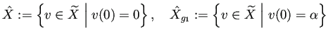 $\displaystyle \hat X:=\left\{v\in \widetilde X\relmiddle\vert v(0)=0\right\}, \quad
\hat X_{g_1}:=\left\{v\in \widetilde X\relmiddle\vert v(0)=\alpha\right\}
$