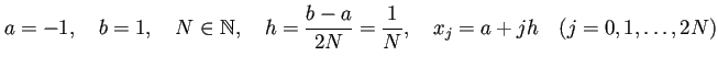 $\displaystyle a=-1,\quad b=1,\quad N\in\mathbb{N}, \quad h=\frac{b-a}{2N}=\frac{1}{N},\quad
x_j=a+j h\quad \text{($j=0,1,\dots,2N$)}
$