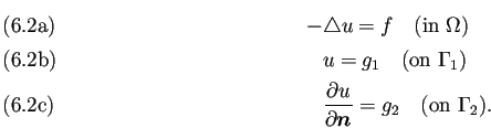 \begin{subequations}% 2024-05-23 14:52の式群
\begin{align}-&\Laplacian u=f \q...
...rd u}{\rd\bm{n}}=g_2 \quad \text{(on $\Gamma_2$)}. \end{align}\end{subequations}