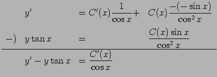 $\displaystyle \begin{array}{llll}
& y'&=C'(x)\dfrac{1}{\cos x}+&C(x)\dfrac{-(-\...
...sin x}{\cos^2 x} \\ [1ex]
\hline
&y'-y\tan x&=\dfrac{C'(x)}{\cos x}
\end{array}$