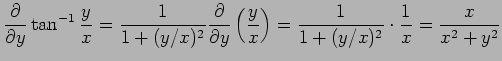 $\displaystyle \frac{\rd}{\rd y}\tan^{-1}\frac{y}{x} =\frac{1}{1+(y/x)^2}\frac{\...
...\left(\frac{y}{x}\right) =\frac{1}{1+(y/x)^2}\cdot\frac{1}{x}=\frac{x}{x^2+y^2}$