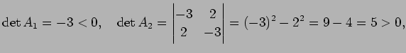 $\displaystyle \det A_1=-3<0,\quad \det A_2=\left\vert\begin{matrix}-3&2 2&-3\end{matrix}\right\vert =(-3)^2-2^2=9-4=5>0,$