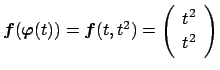 $ \Vector{f}(\Vector{\varphi}(t))=
\Vector{f}(t,t^2)=
\twovector{t^2}{t^2}$