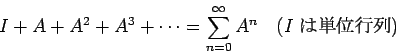 \begin{displaymath}
I+A+A^2+A^3+\cdots =\sum_{n=0}^\infty A^n
\quad\mbox{($I$ $B$OC10L9TNs(B)}
\end{displaymath}