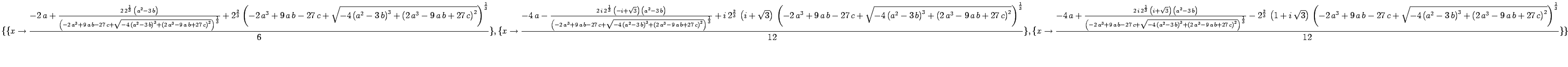 $\displaystyle \{ \{ {x\rightarrow
{\frac{-2 a + \frac{2 2^{\frac{1}{3}} \le...
...( 2 a^3 - 9 a b + 27 c \right) }^2}} \right) }^
{\frac{1}{3}}}{12}}}\} \}
$