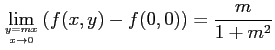 $\displaystyle \lim_{y=m x\atop x\to 0}\left(f(x,y)-f(0,0)\right)=\frac{m}{1+m^2}
$