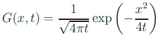 $\displaystyle G(x,t)=\frac{1}{\sqrt{4\pi t}}\exp\left(-\frac{x^2}{4t}\right)
$